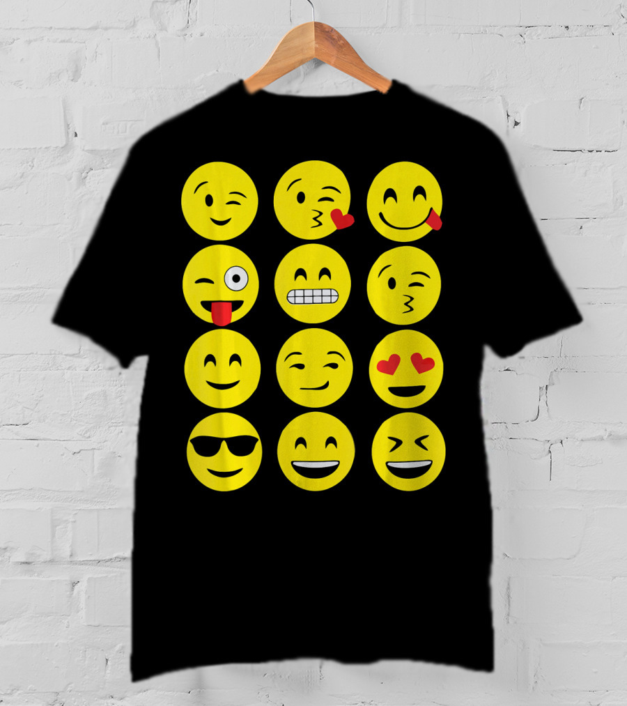 Emojis Funny Emoji Yellow Face Winking Smiling Heart Eyes Sunglasses Expression T-Shirt