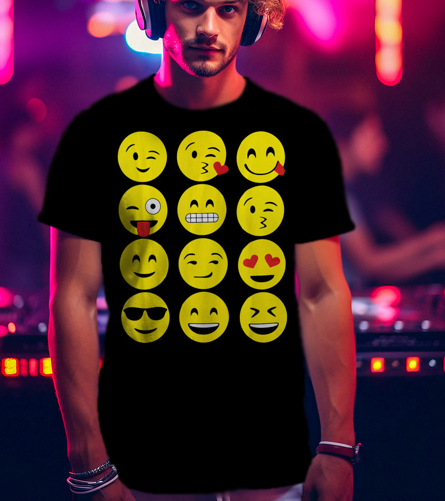 Emojis Funny Emoji Yellow Face Winking Smiling Heart Eyes Sunglasses Expression T-Shirt