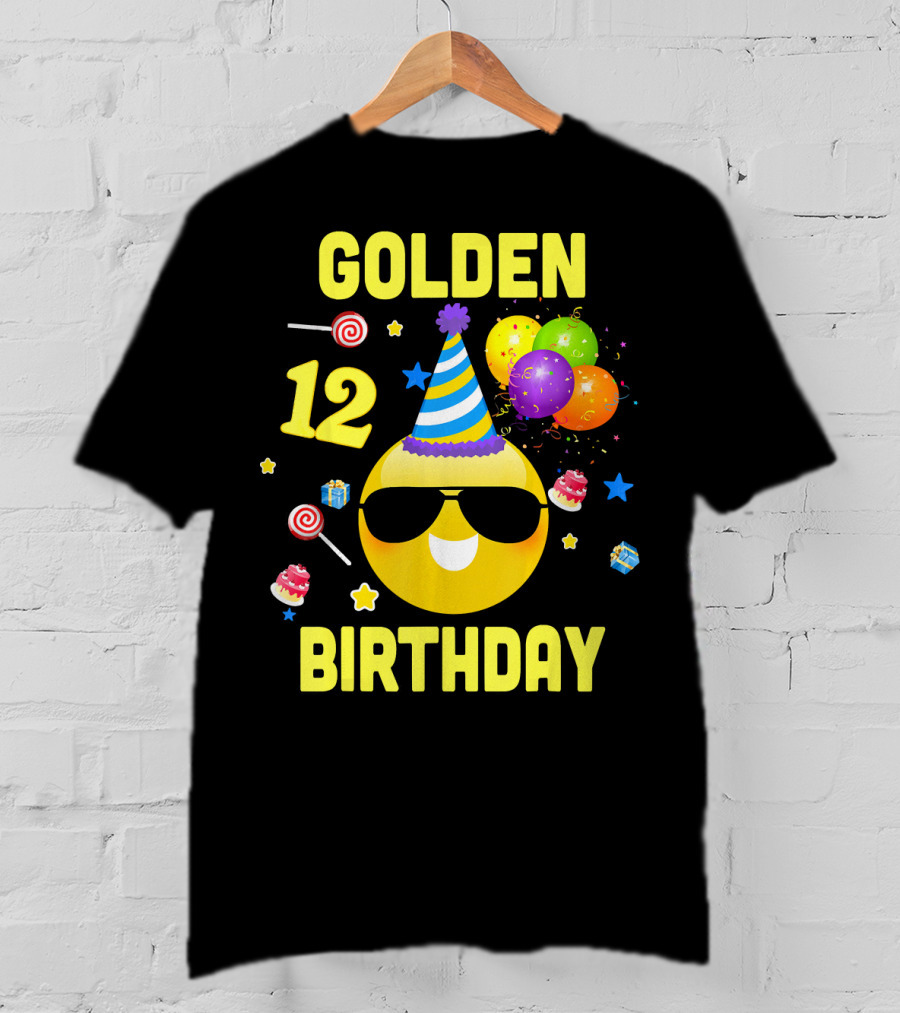 Golden Birthday 12 Emoji Party Hat Sunglasses Balloons Confetti T-Shirt