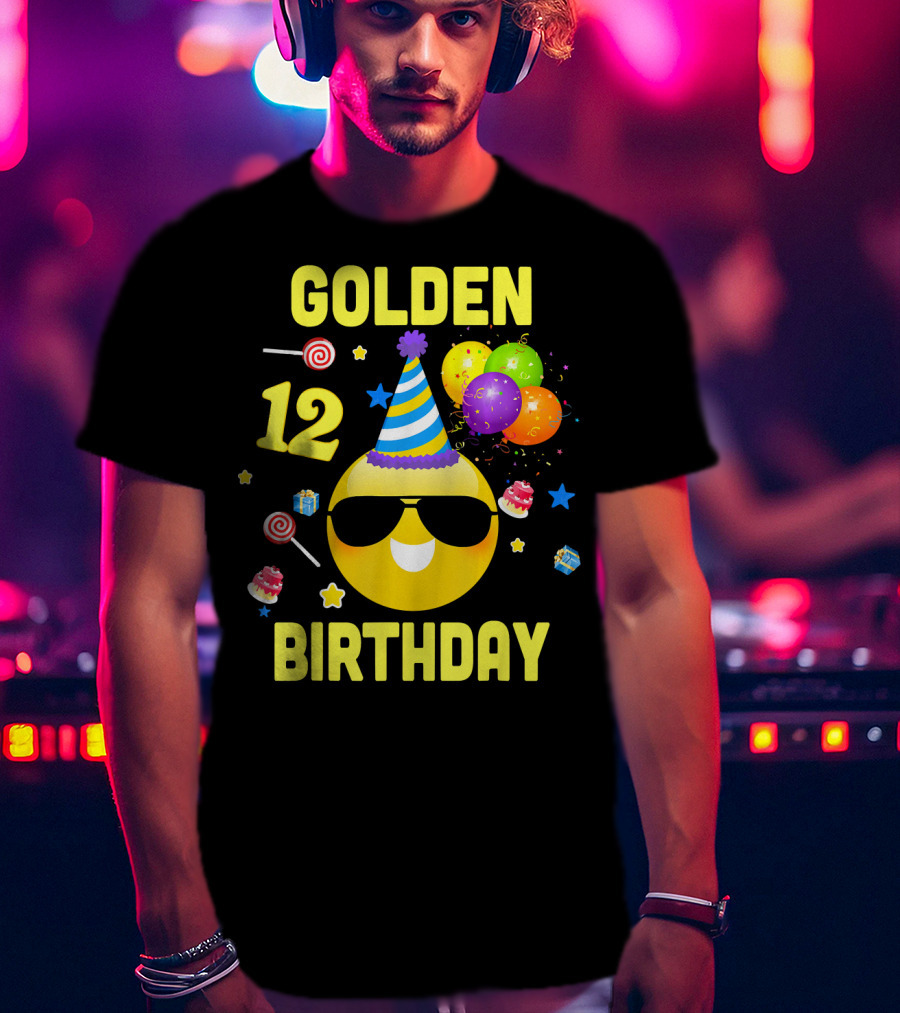 Golden Birthday 12 Emoji Party Hat Sunglasses Balloons Confetti T-Shirt