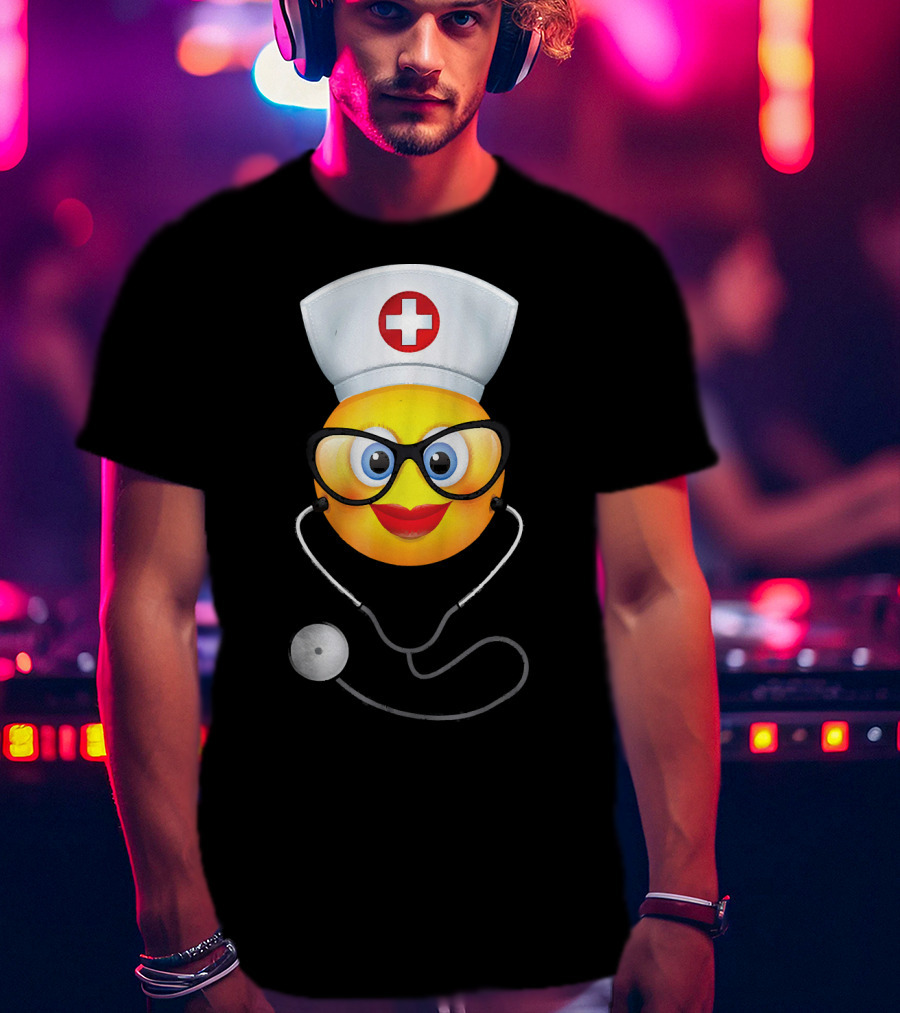 Nurse Halloween Funny Emoji Glasses Stethoscope T-Shirt