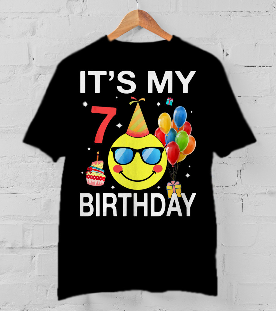 IT'S MY 7 BIRTHDAY Emoji Party Hat Sunglasses Balloons Cake T-Shirt