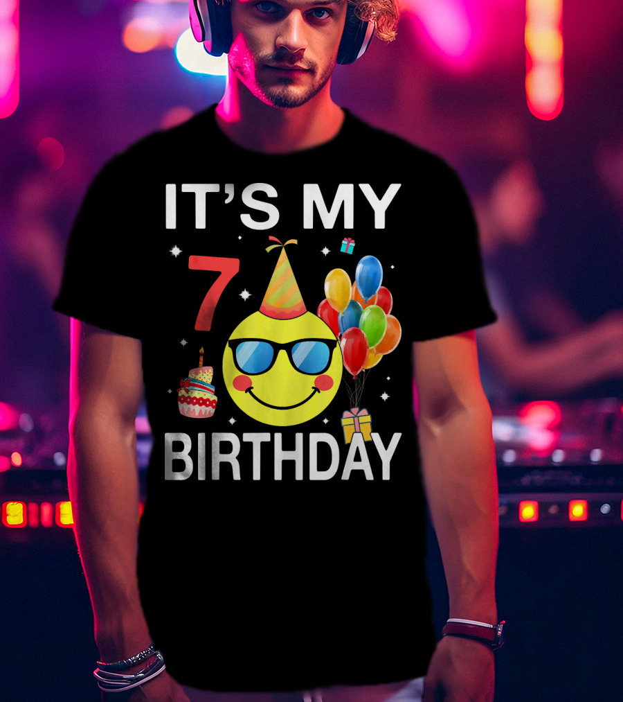 IT'S MY 7 BIRTHDAY Emoji Party Hat Sunglasses Balloons Cake T-Shirt