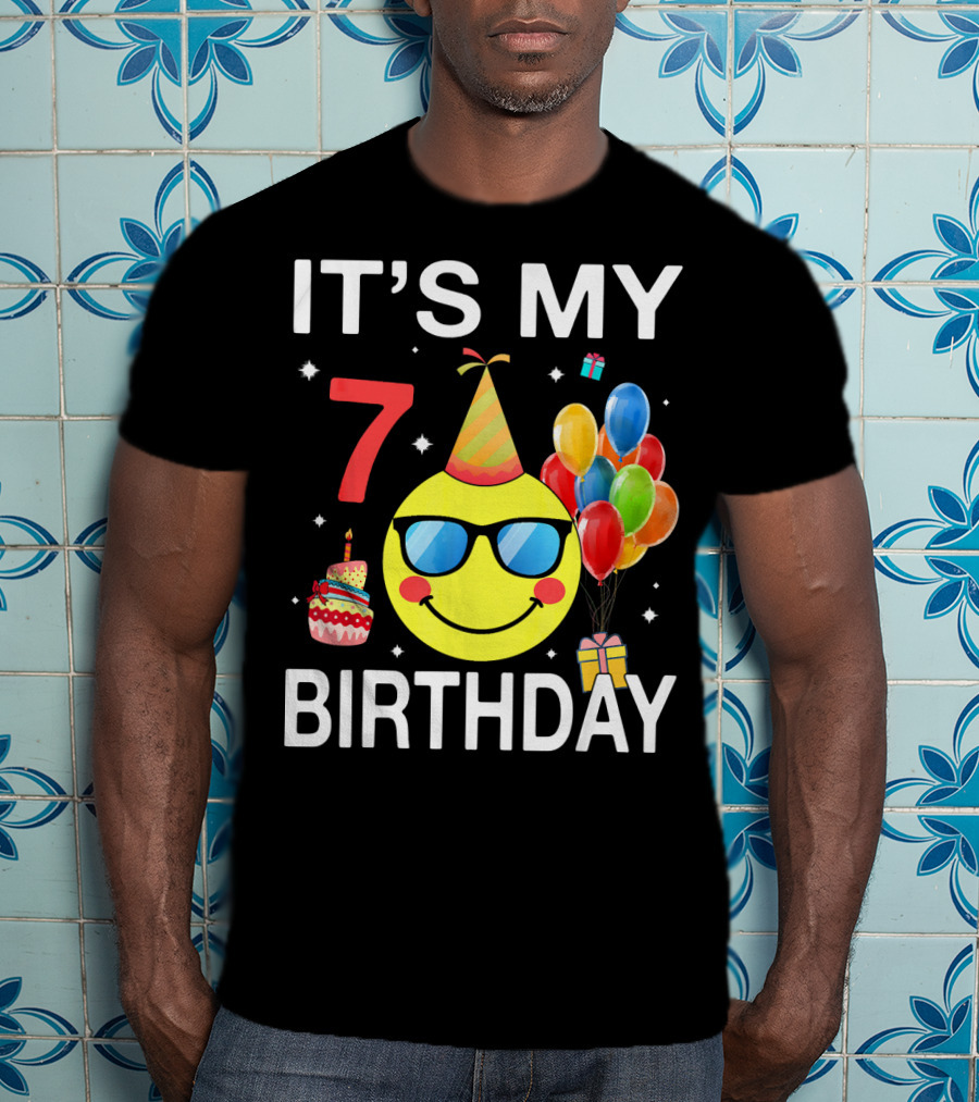 IT'S MY 7 BIRTHDAY Emoji Party Hat Sunglasses Balloons Cake T-Shirt