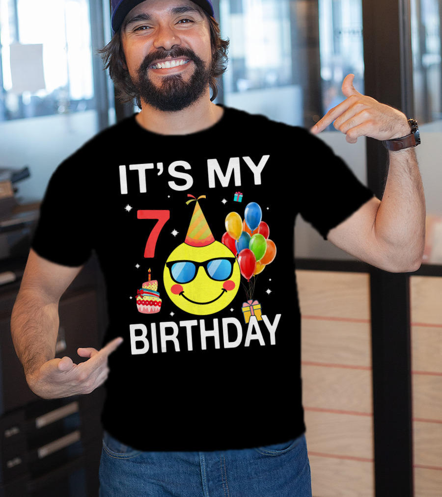 IT'S MY 7 BIRTHDAY Emoji Party Hat Sunglasses Balloons Cake T-Shirt