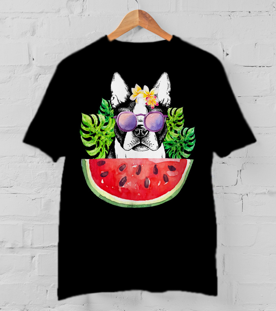 Funny Boston Terrier Love Summer Watermelon Sunglasses Tropical Vibes T-Shirt