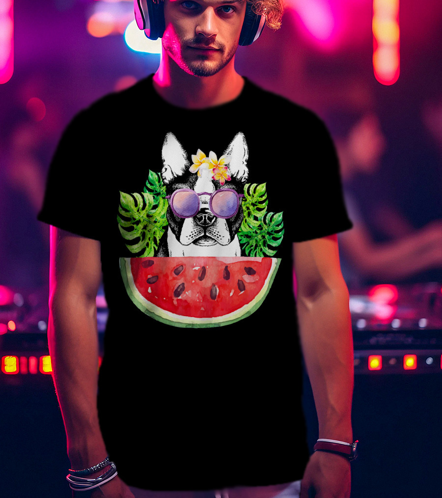 Funny Boston Terrier Love Summer Watermelon Sunglasses Tropical Vibes T-Shirt