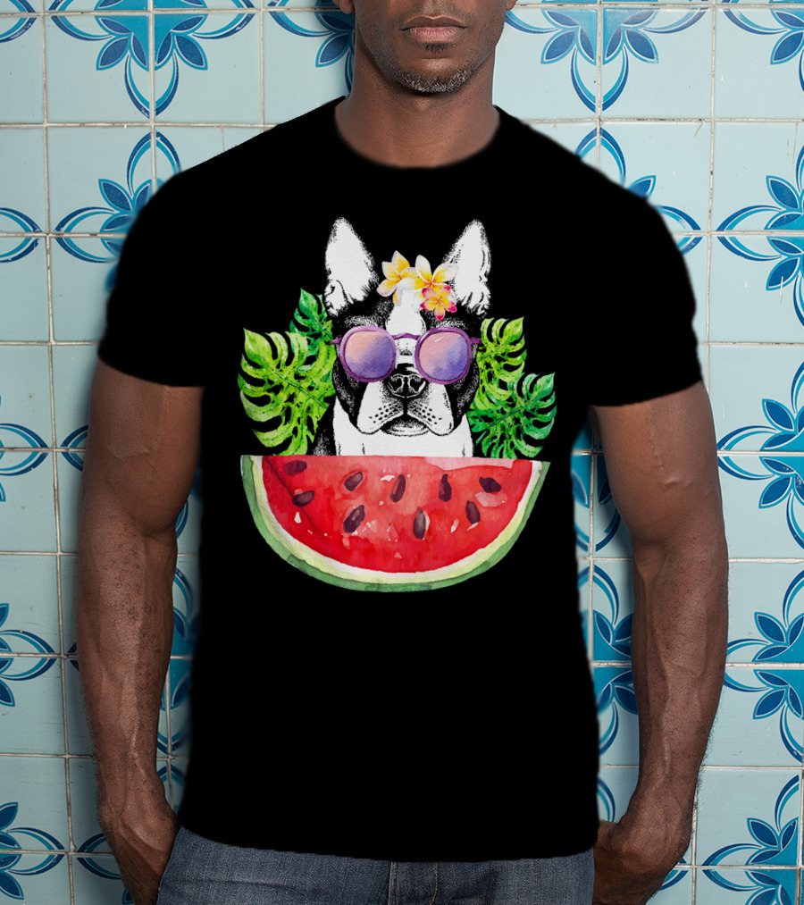 Funny Boston Terrier Love Summer Watermelon Sunglasses Tropical Vibes T-Shirt