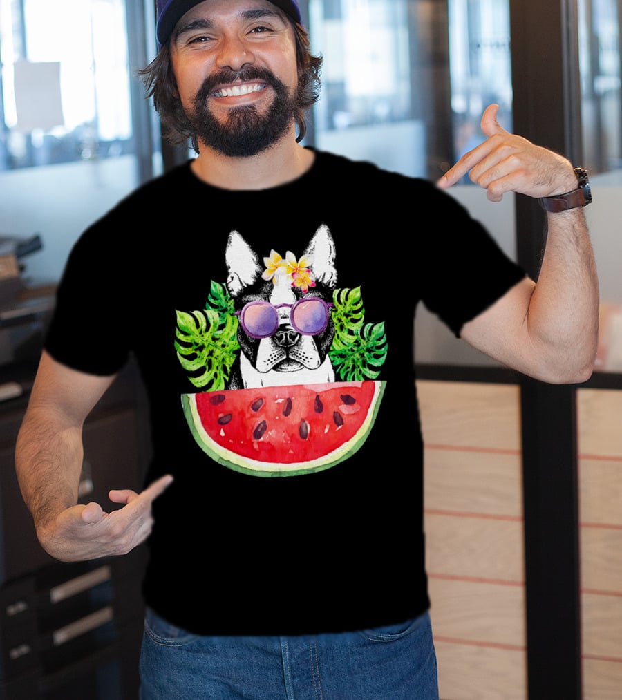 Funny Boston Terrier Love Summer Watermelon Sunglasses Tropical Vibes T-Shirt