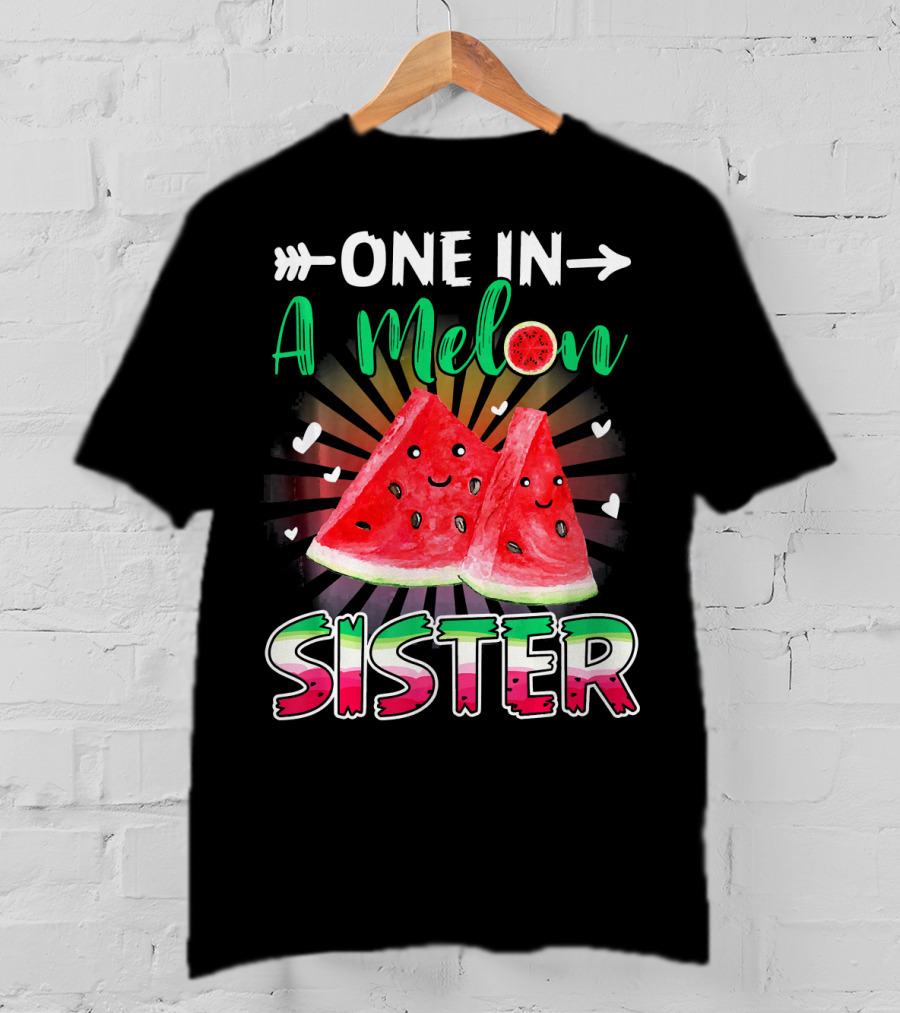 One In A Melon Sister Funny Watermelon With Smiling Slices And Hearts T-Shirt