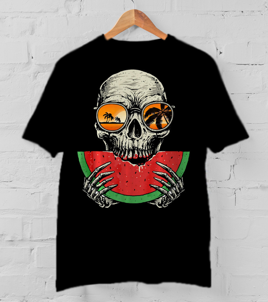 Watermelon Skull Wearing Summer Glasses With Beach Reflections T-Shirt