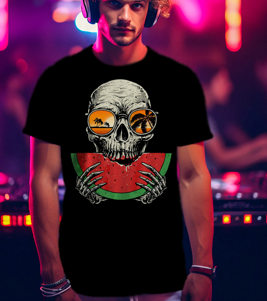 Watermelon Skull Wearing Summer Glasses With Beach Reflections T-Shirt