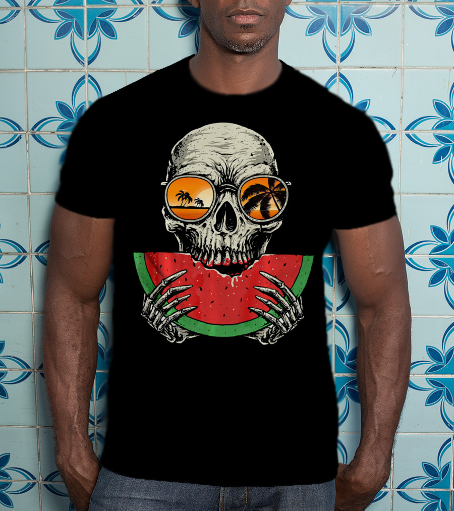 Watermelon Skull Wearing Summer Glasses With Beach Reflections T-Shirt