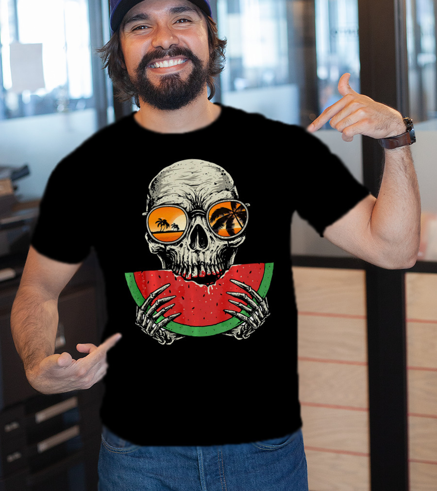 Watermelon Skull Wearing Summer Glasses With Beach Reflections T-Shirt