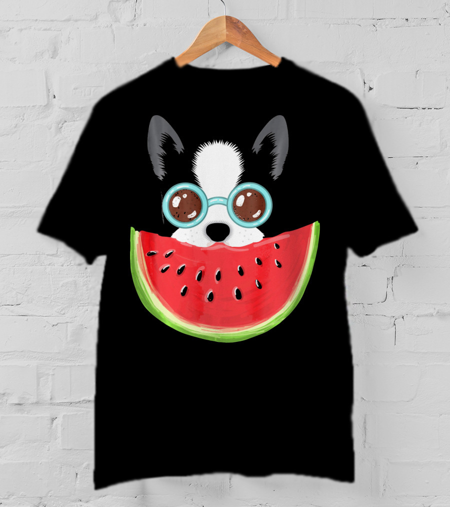 Watermelon Love Funny Boston Terrier With Sunglasses T-Shirt