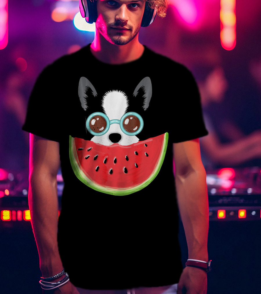 Watermelon Love Funny Boston Terrier With Sunglasses T-Shirt