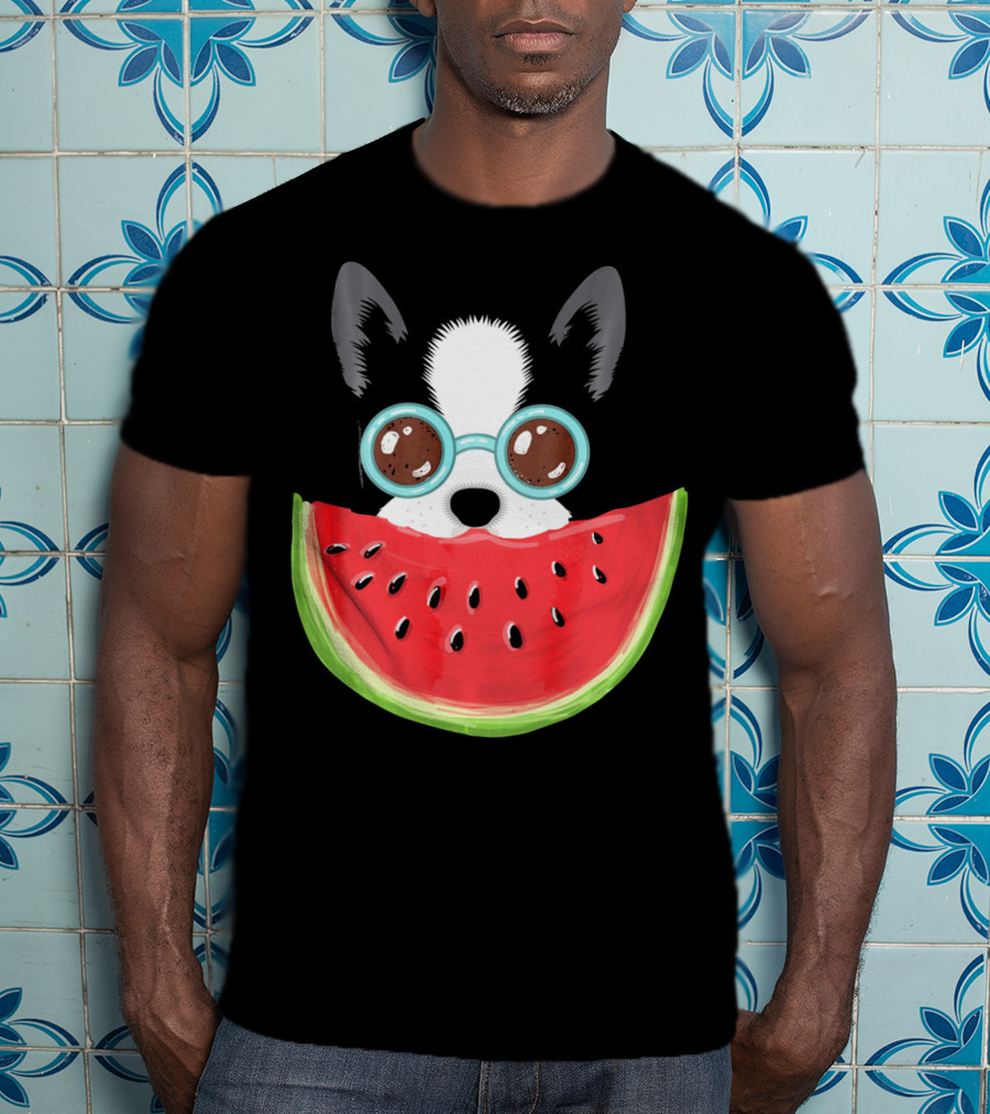 Watermelon Love Funny Boston Terrier With Sunglasses T-Shirt