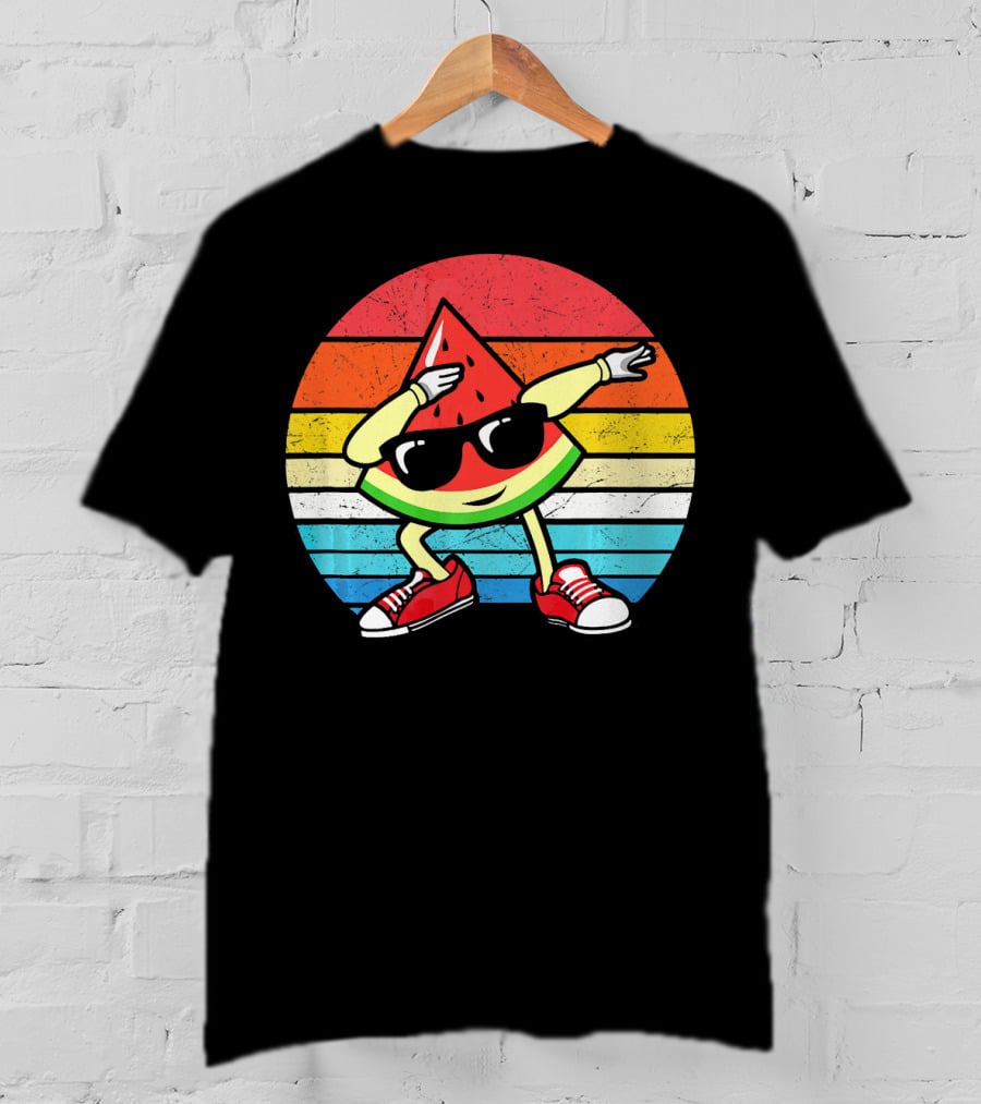 Dabbing Watermelon Vintage Summer Retro Sunset Stripes T-Shirt
