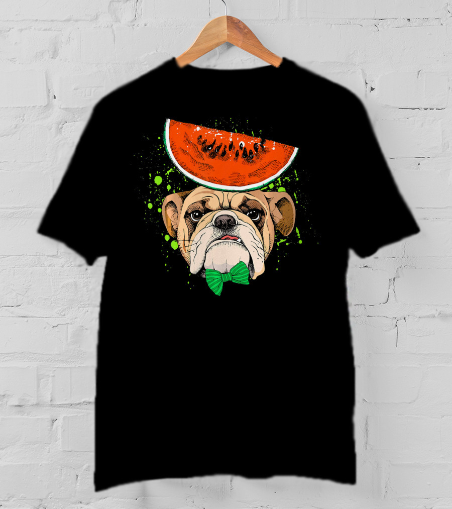 Bulldog Wearing Watermelon Hat With Green Bow Tie T-Shirt