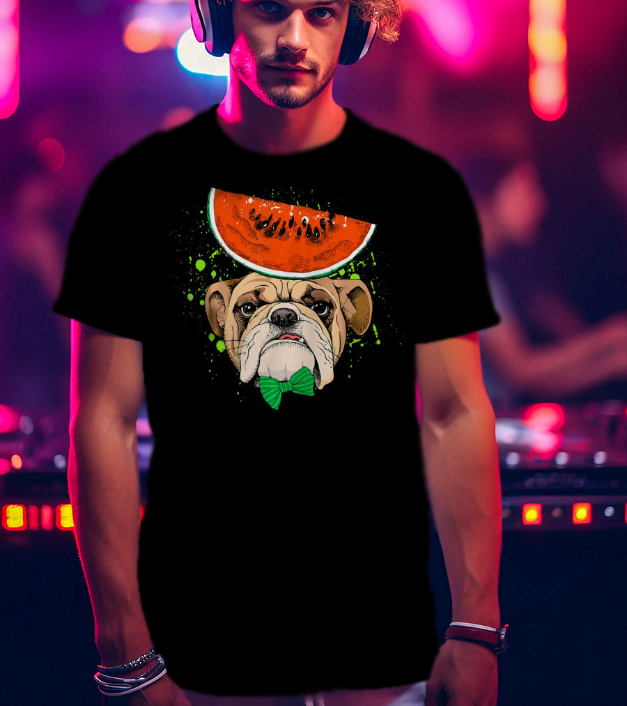 Bulldog Wearing Watermelon Hat With Green Bow Tie T-Shirt