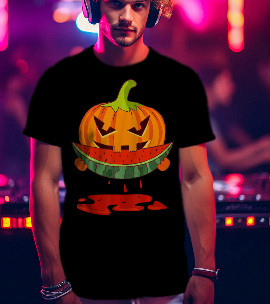 Creepy Pumpkin Devours Juicy Watermelon In Spooky T-Shirt