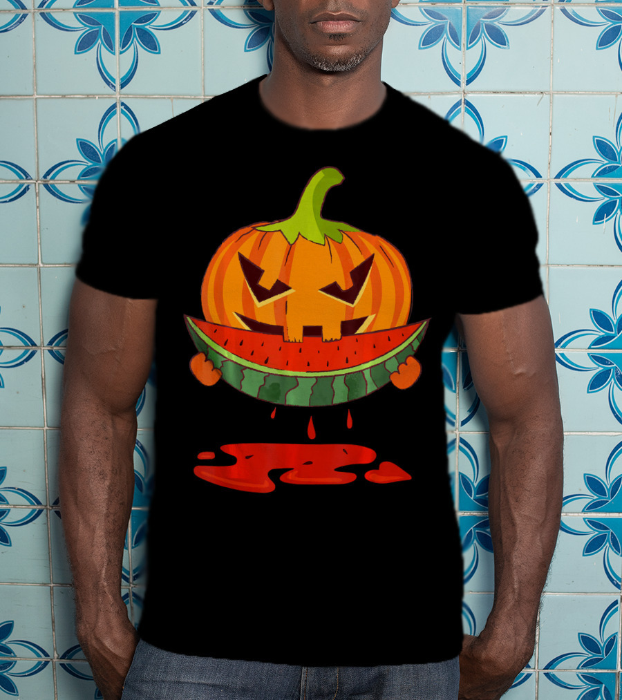 Creepy Pumpkin Devours Juicy Watermelon In Spooky T-Shirt