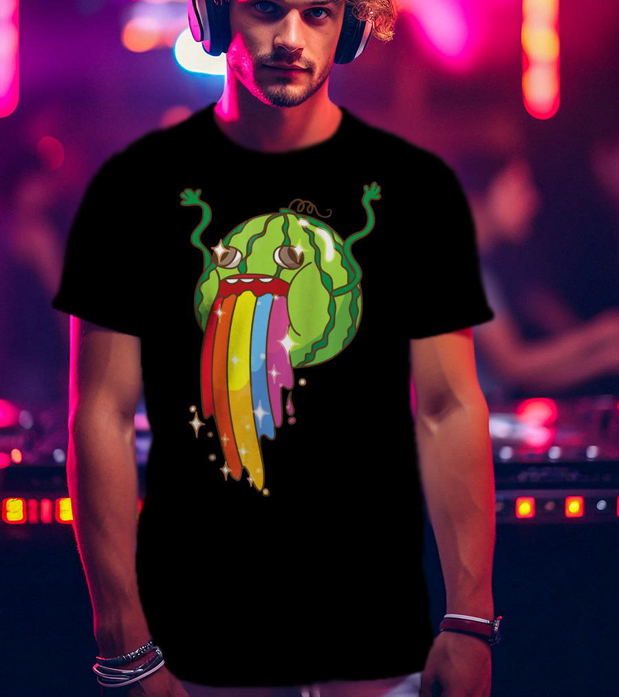 Comic Watermelon Vomits Sparkling Rainbow Streams T-Shirt