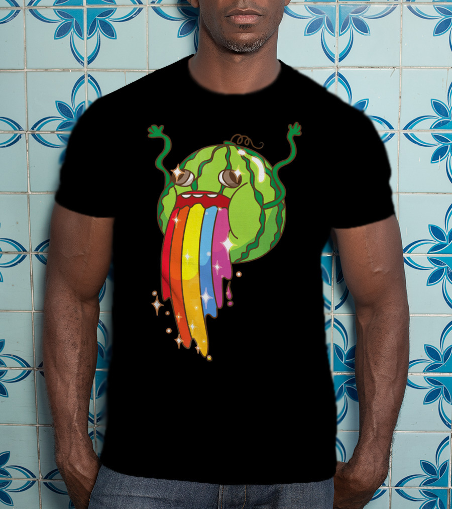 Comic Watermelon Vomits Sparkling Rainbow Streams T-Shirt