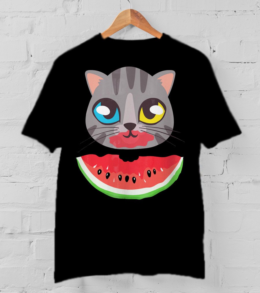 Watermelon Cat Funny Cat With Dual-Colored Eyes And Watermelon Slice T-Shirt