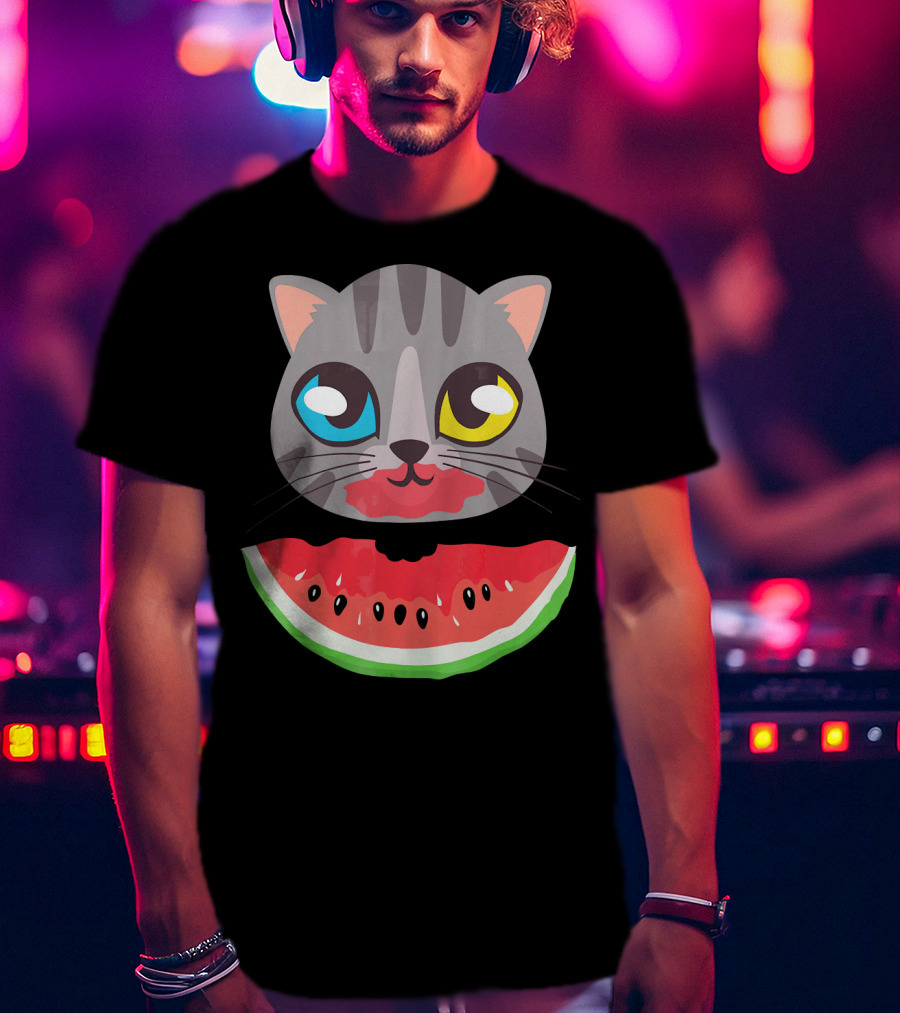 Watermelon Cat Funny Cat With Dual-Colored Eyes And Watermelon Slice T-Shirt