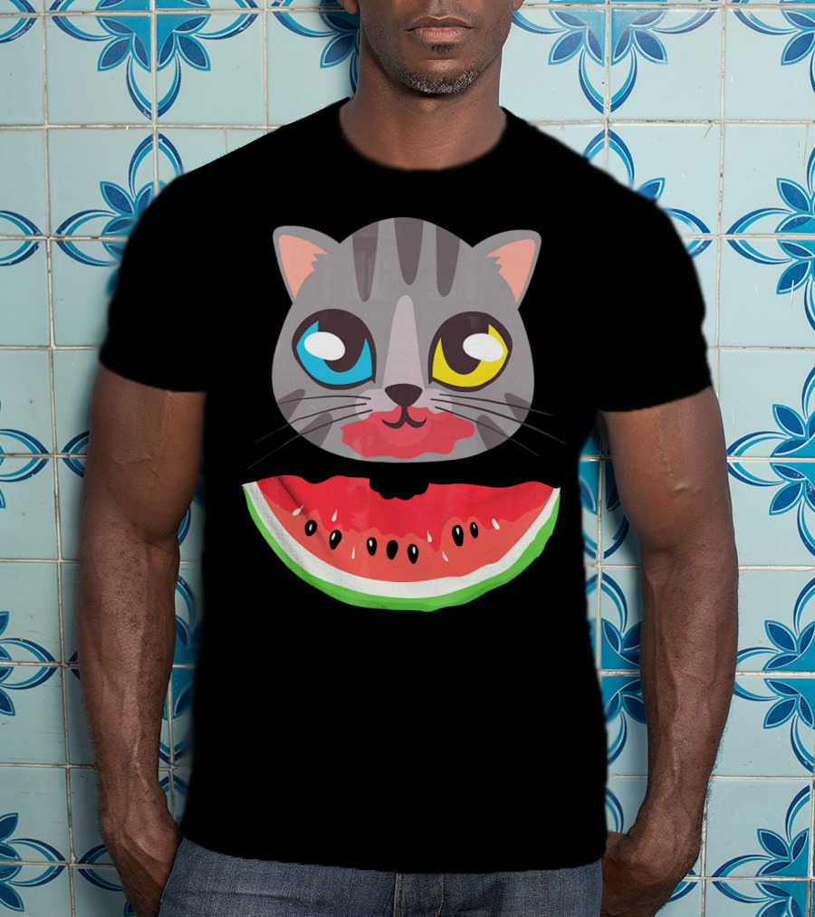 Watermelon Cat Funny Cat With Dual-Colored Eyes And Watermelon Slice T-Shirt