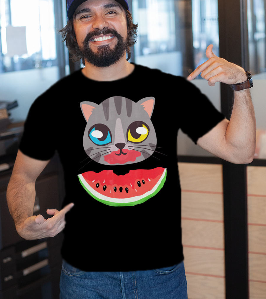 Watermelon Cat Funny Cat With Dual-Colored Eyes And Watermelon Slice T-Shirt