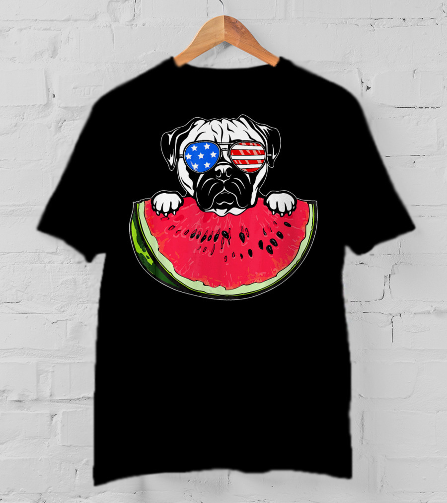 Funny Watermelon Day Pug American Flag Glasses T-Shirt