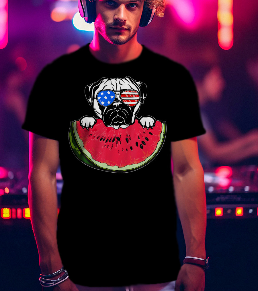 Funny Watermelon Day Pug American Flag Glasses T-Shirt