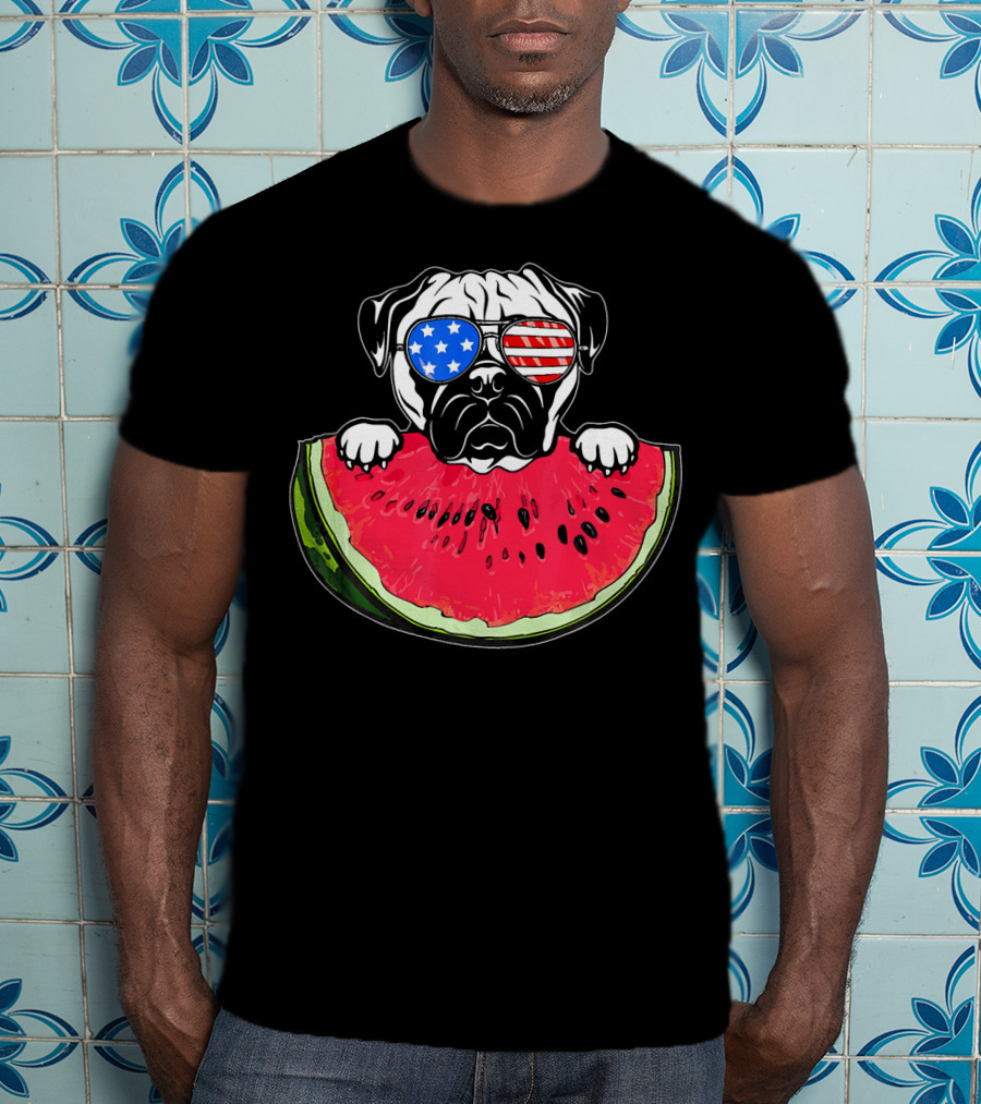 Funny Watermelon Day Pug American Flag Glasses T-Shirt