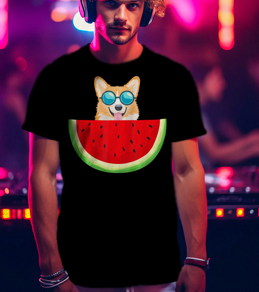 Corgi With Sunglasses And Watermelon Slice Womens T-Shirt