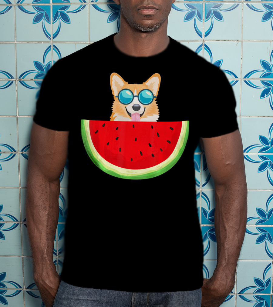Corgi With Sunglasses And Watermelon Slice Womens T-Shirt