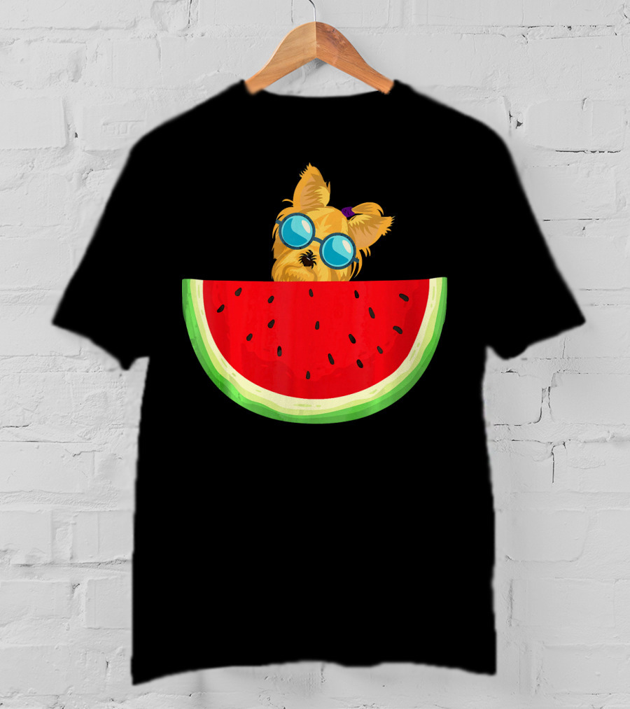 Yorkie Dog With Sunglasses And Watermelon Slice T-Shirt