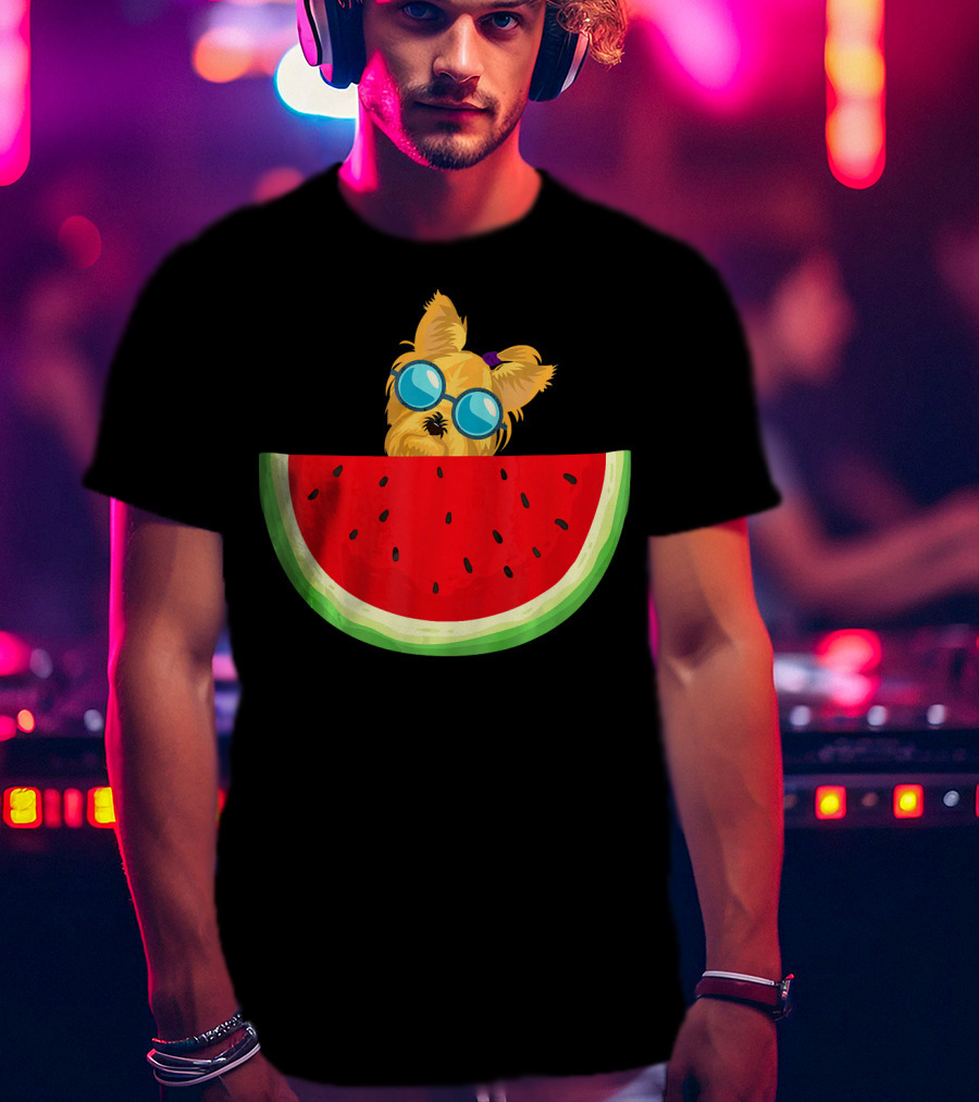 Yorkie Dog With Sunglasses And Watermelon Slice T-Shirt