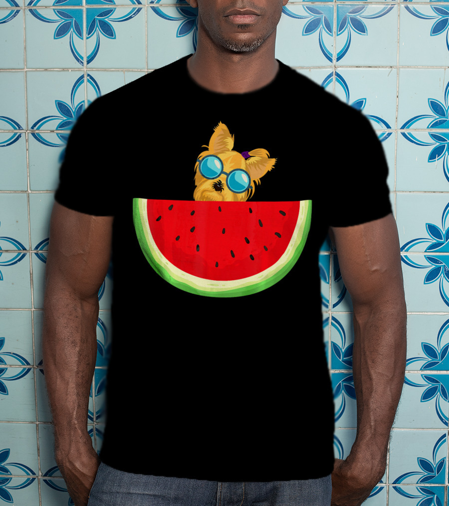 Yorkie Dog With Sunglasses And Watermelon Slice T-Shirt