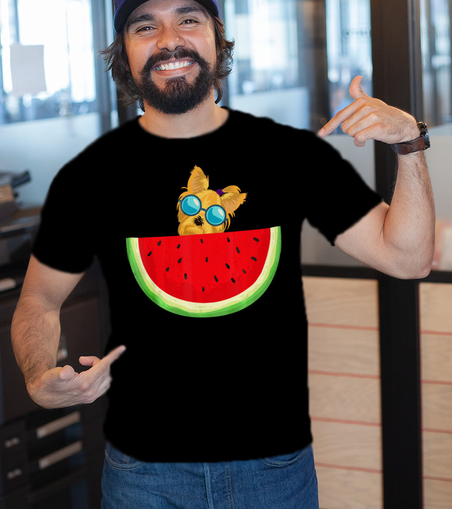 Yorkie Dog With Sunglasses And Watermelon Slice T-Shirt
