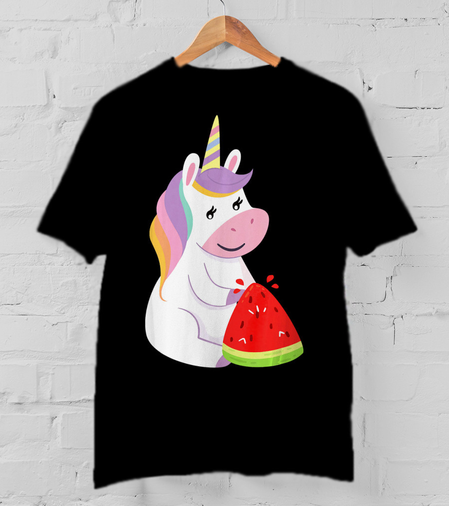 Unicorn Eating Watermelon With Rainbow Mane Novelty T-Shirt