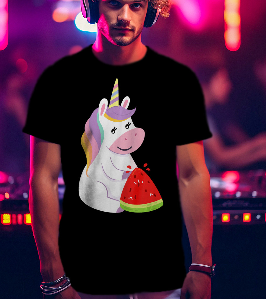 Unicorn Eating Watermelon With Rainbow Mane Novelty T-Shirt