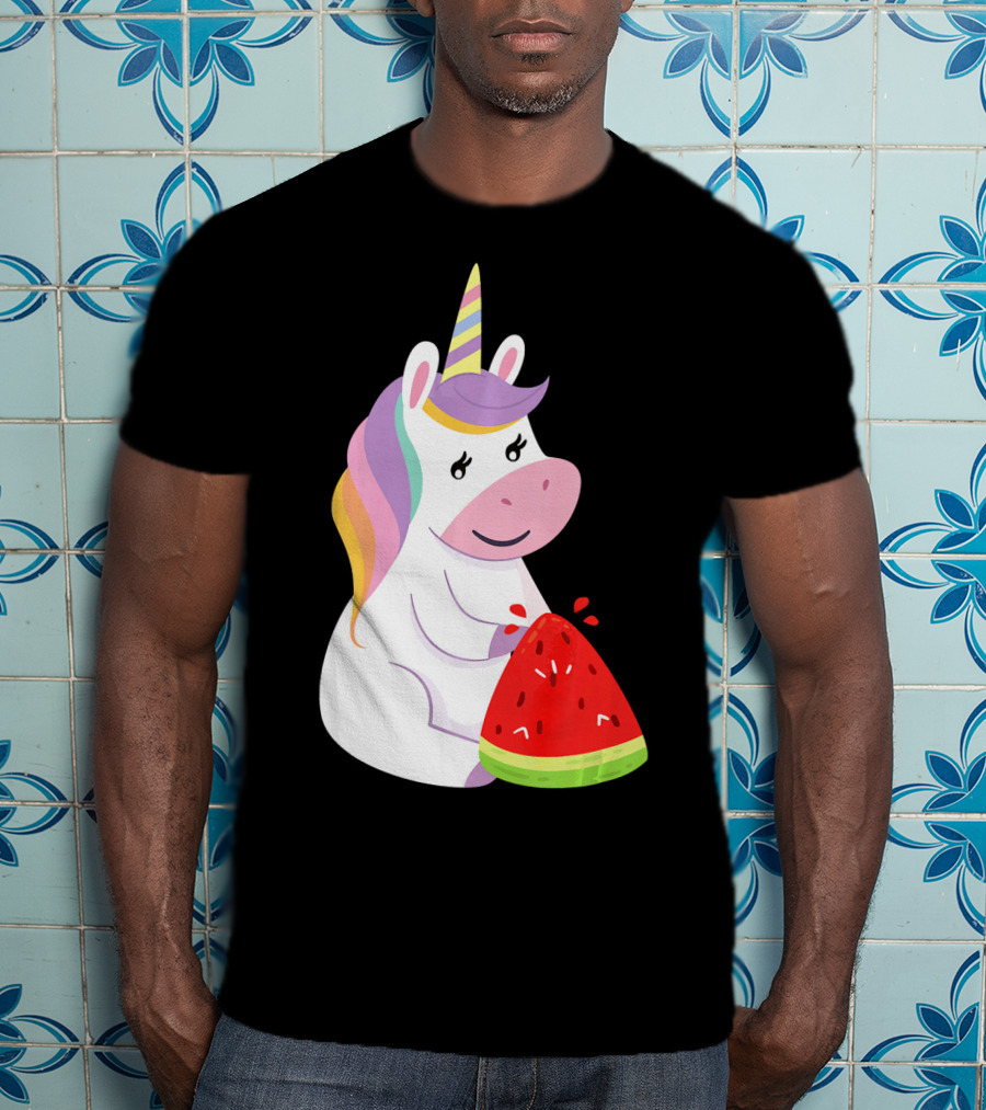 Unicorn Eating Watermelon With Rainbow Mane Novelty T-Shirt