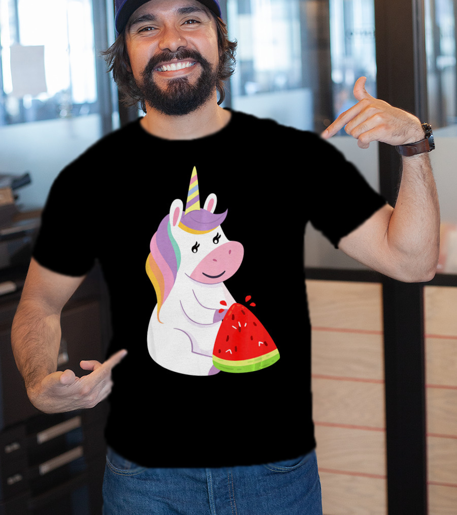 Unicorn Eating Watermelon With Rainbow Mane Novelty T-Shirt