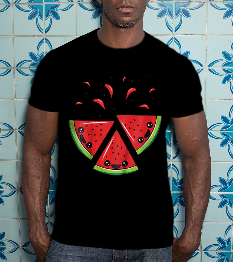 Kids Cute Watermelon Slices With Smiling Faces And Seeds T-Shirt