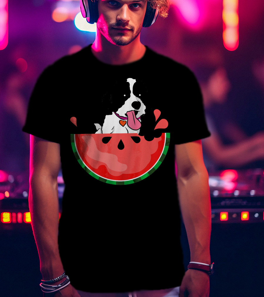 Shih Tzu Sitting In Watermelon Slice With Heart Collar Summer Fun T-Shirt