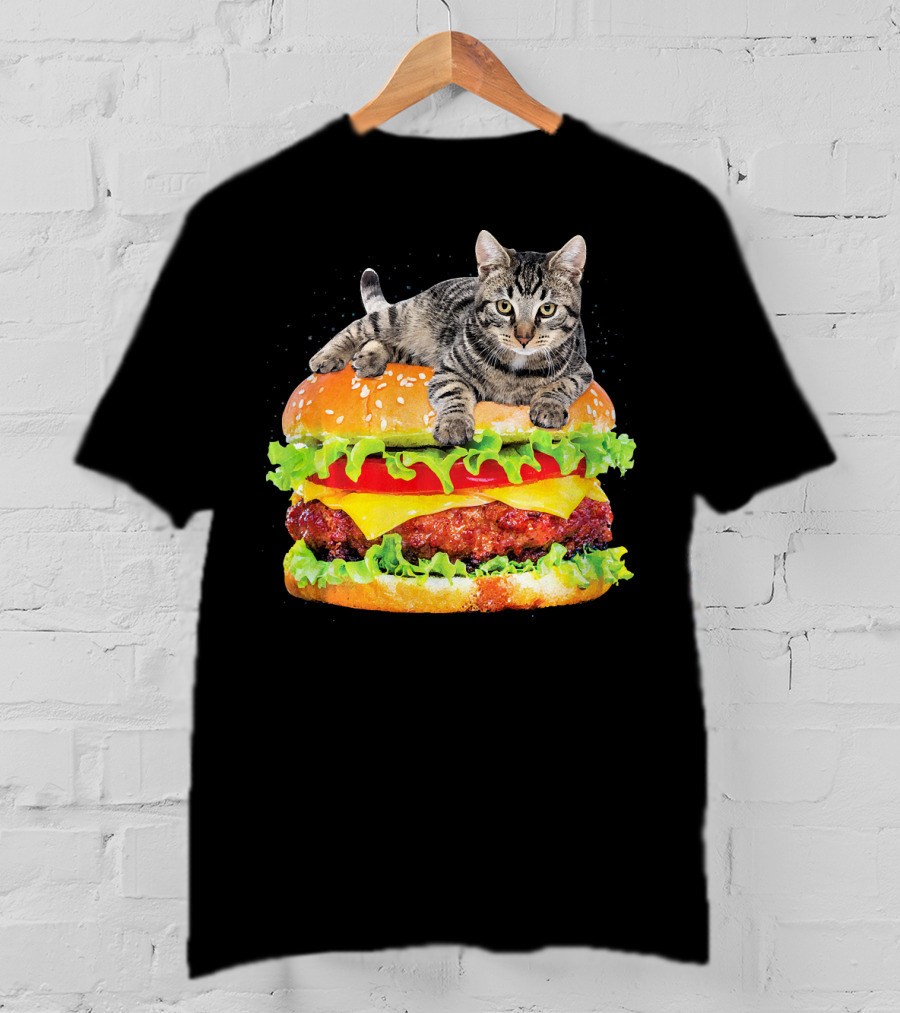 Funny Space Cat On Giant Hamburger T-Shirt