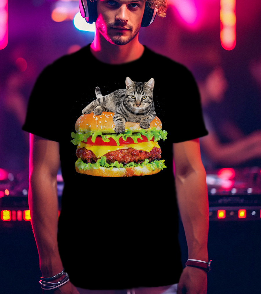 Funny Space Cat On Giant Hamburger T-Shirt