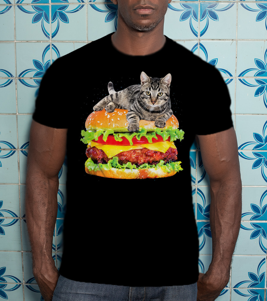 Funny Space Cat On Giant Hamburger T-Shirt